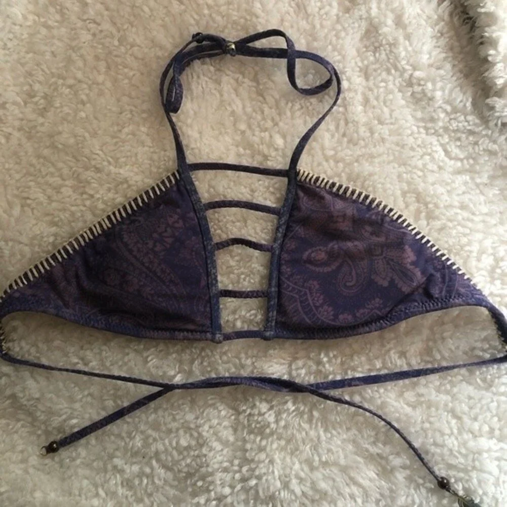 Ale by Alessandra Blanket Stitch Trim Cut Out Paisley Boho Tie Bikini Top XS